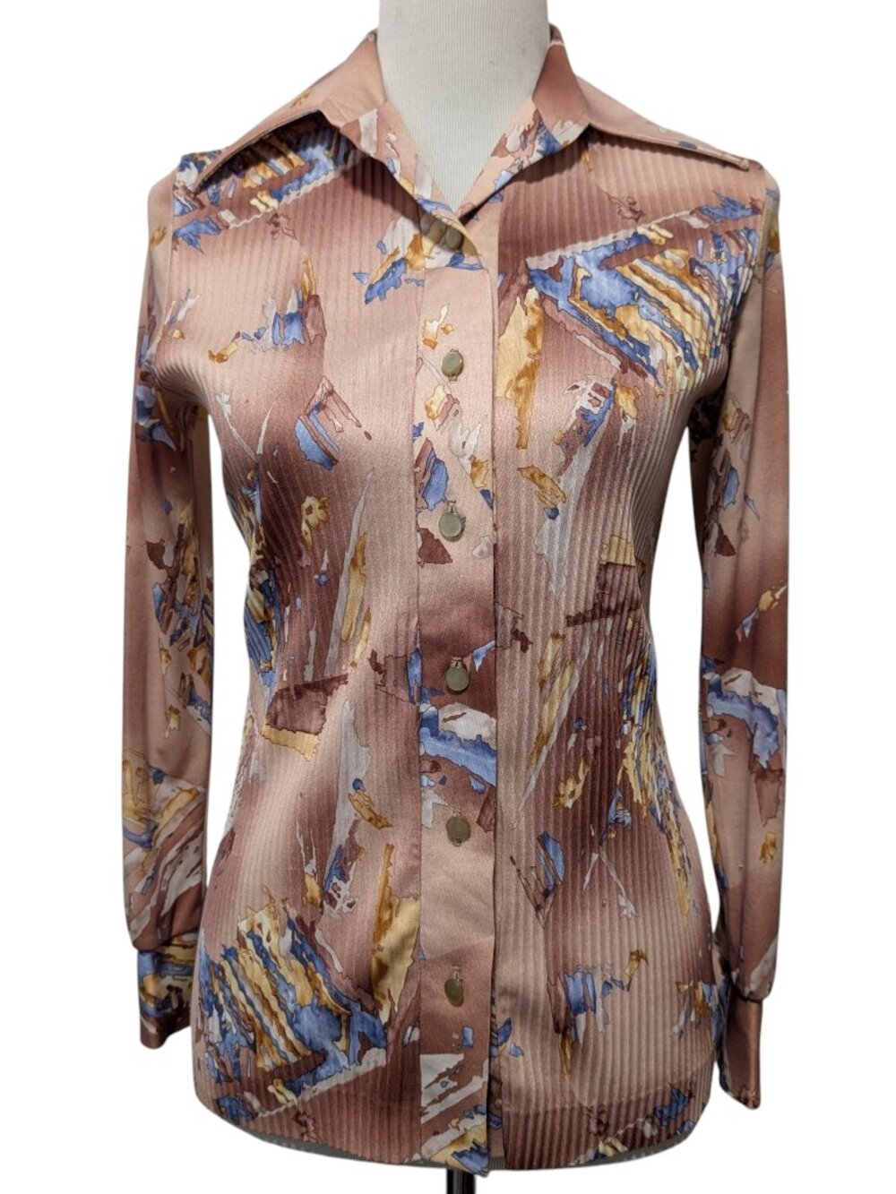 Vintage H Bar C Womens Size 32 (XS/S) Tan Blue Abstract Print Pleats Western Top